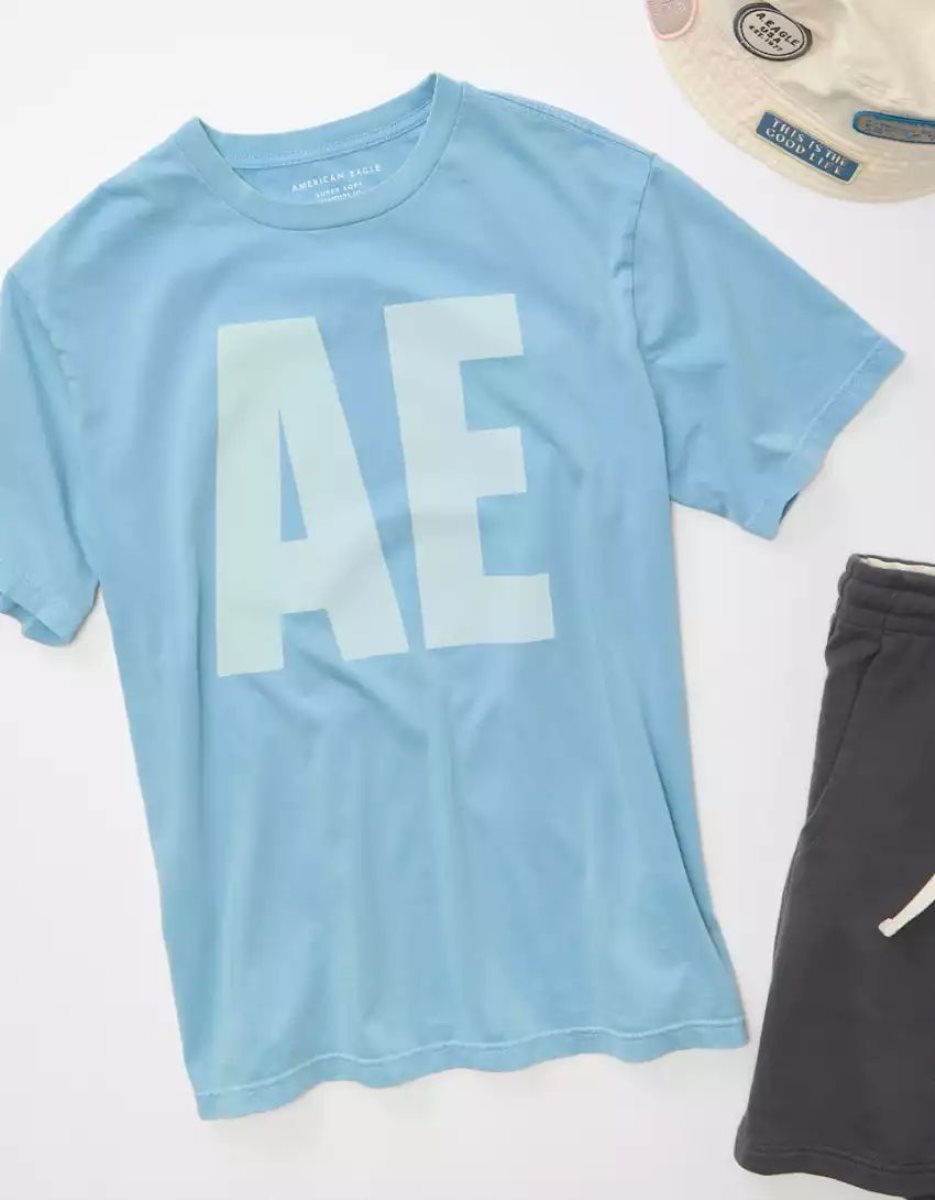 T Shirt Graphique American Eagle AE Super Soft Bleu Homme | EGK-77471210